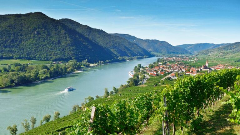 Scenic view of Danube River in Wachau Valley with vineyards and town.