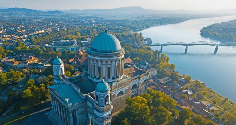 Aerial view of Esztergom Basilica and the Danube River in Hungary.