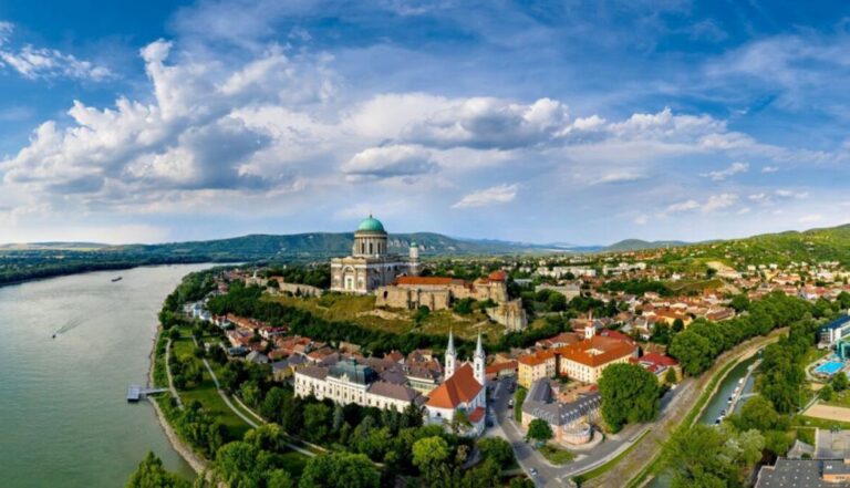 Aerial view of Esztergom Basilica and the Danube River in Hungary