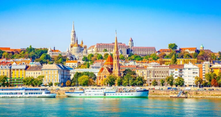 View of Budapest with Danube River and historic buildings