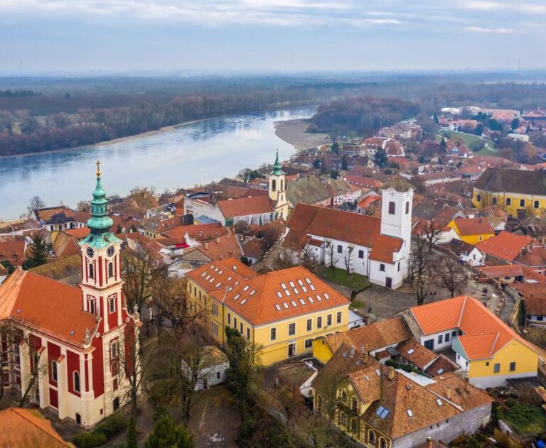 Aerial view of Szentendre with churches and the Danube River