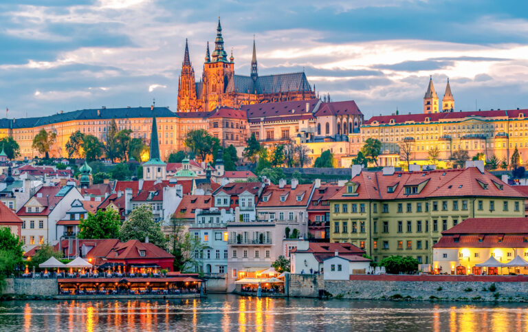 Evening view of Prague Castle overlooking the Vltava River