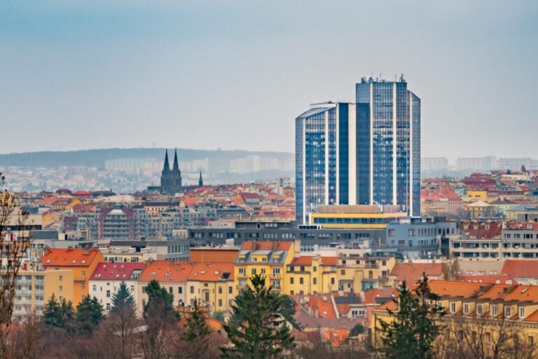Prague skyline with modern hotel tower