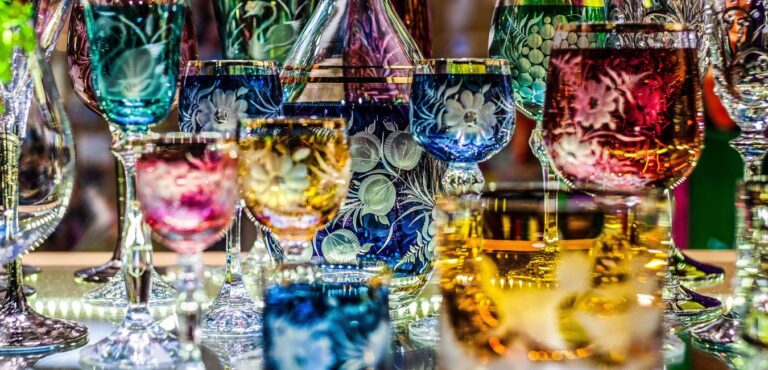 Colorful Bohemian crystal glassware in Prague