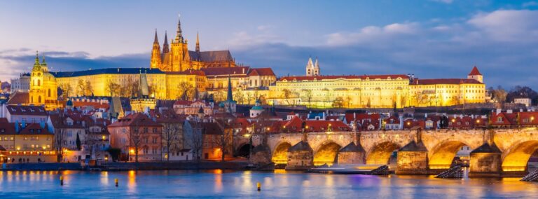 Prague Castle and Charles Bridge at dusk
