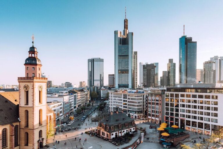 Frankfurt cityscape with skyscrapers and church