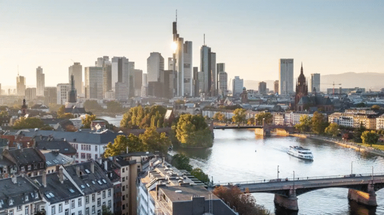 Frankfurt skyline with Main River and bridge