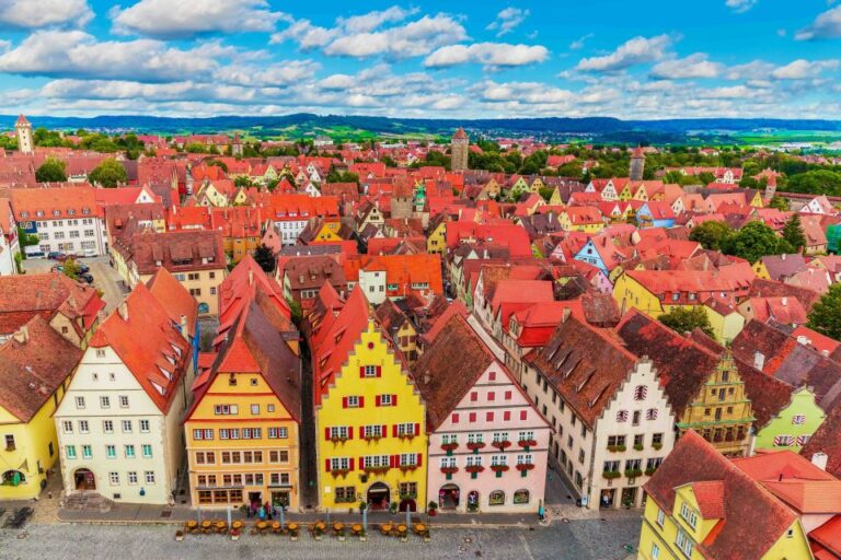 Aerial view of Rothenburg ob der Tauber with colorful medieval buildings.