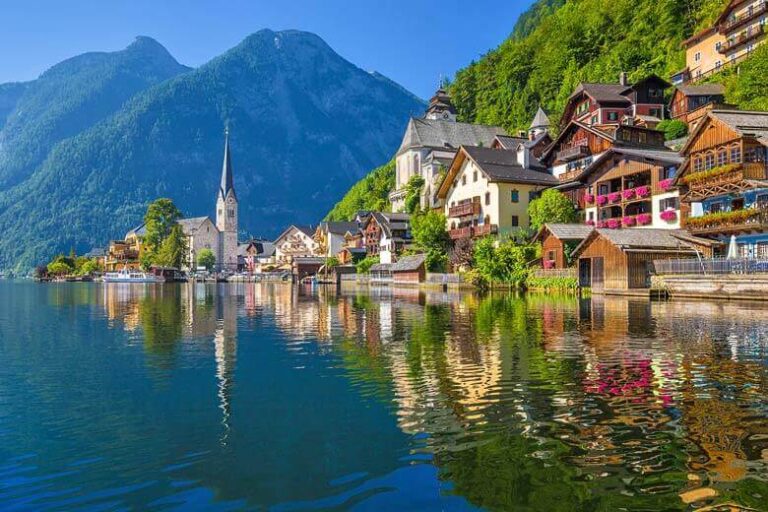 Scenic view of Hallstatt village and lake.