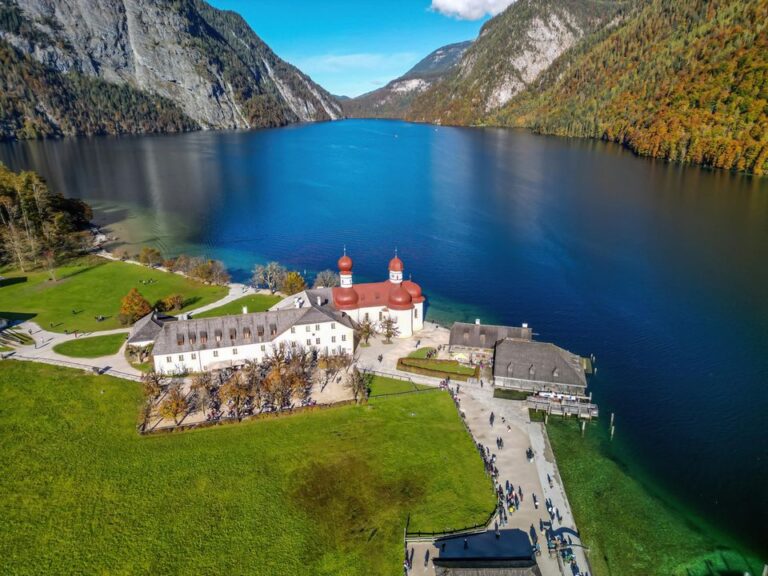 Aerial view of St. Bartholomew's Church on Königssee Lake, Germany