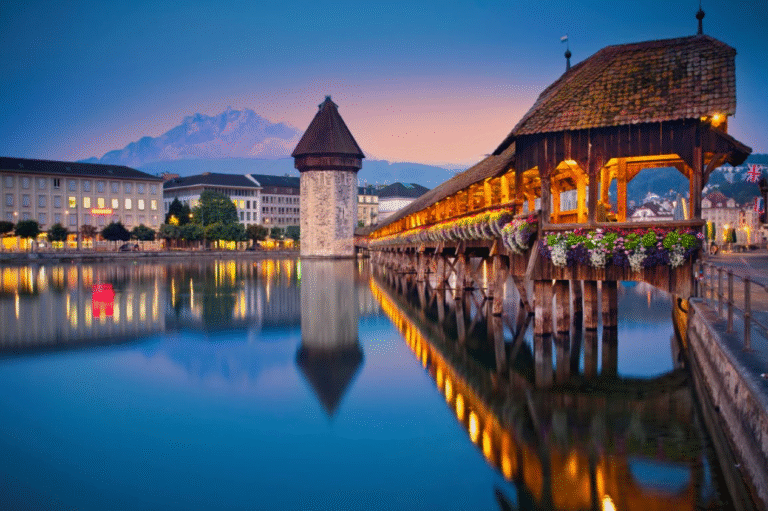 Chapel Bridge in Lucerne at dusk