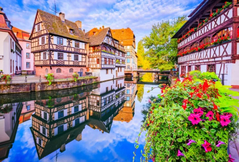 Picturesque canal view in Petite France, Strasbourg.
