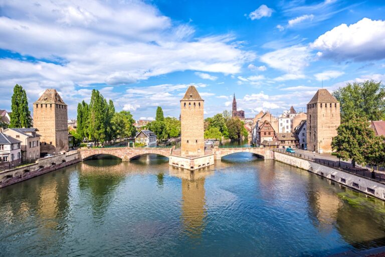Historic Ponts Couverts in Strasbourg with river view
