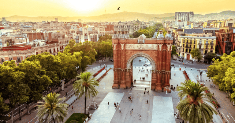 Aerial view of Arc de Triomf in Barcelona at sunset
