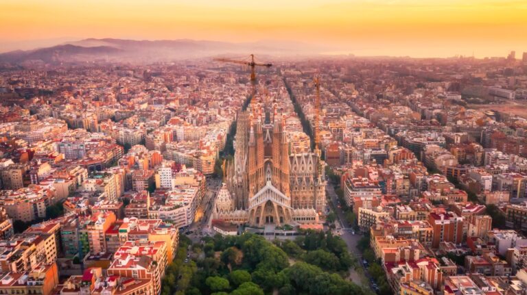 Aerial view of Sagrada Familia in Barcelona at sunset