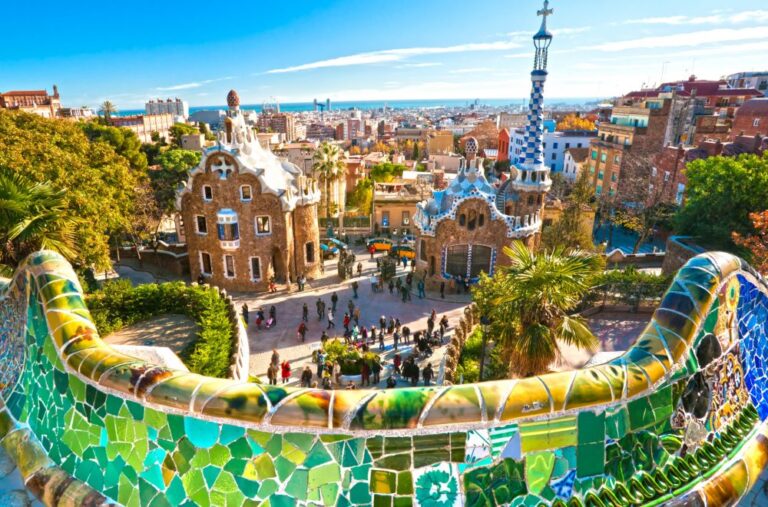 Colorful mosaic terraces in Park Güell, Barcelona.