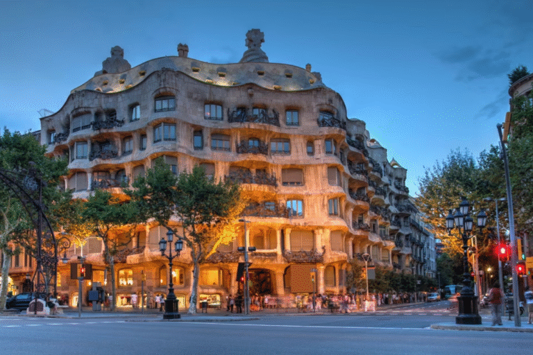 Casa Milà by Gaudi in Barcelona at dusk