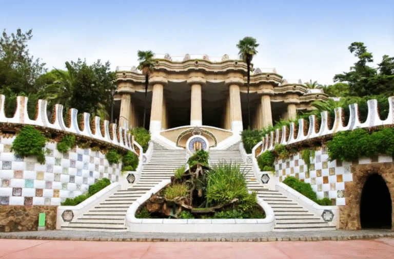 Park Güell entrance with mosaic stairs in Barcelona