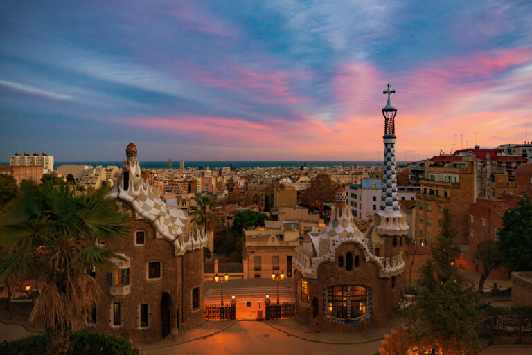 Park Güell at sunset in Barcelona
