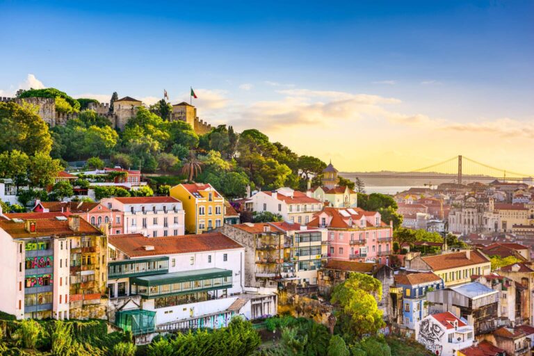 Lisbon cityscape with São Jorge Castle and bridge