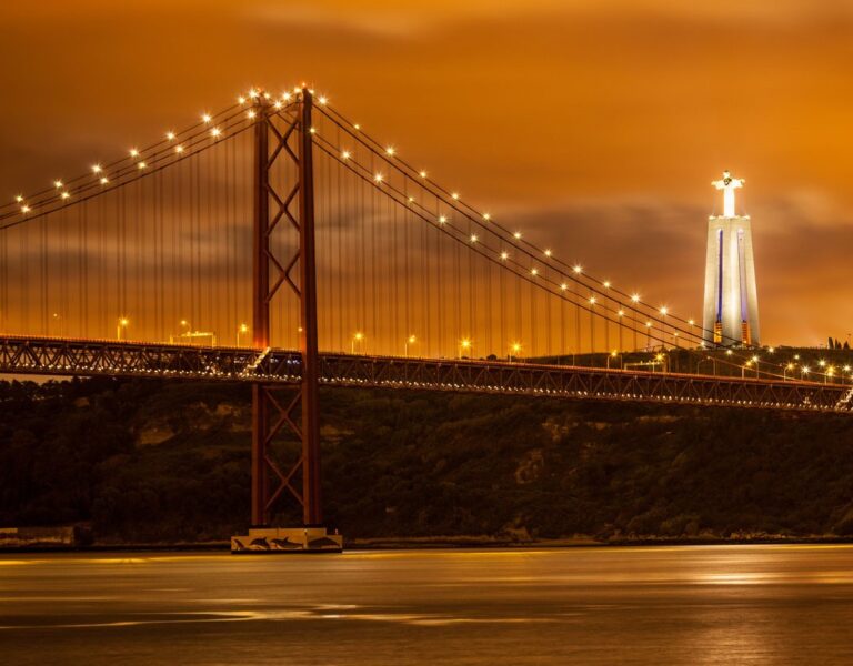 Night view of 25 de Abril Bridge and Cristo Rei in Lisbon