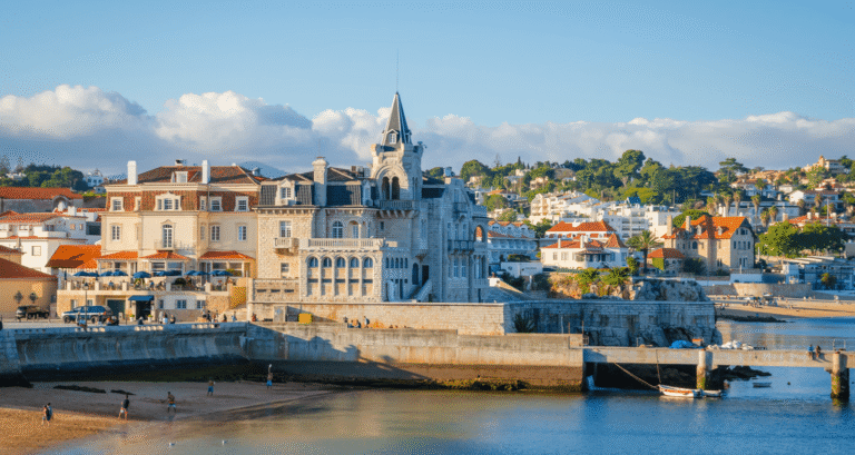 Coastal view of historic architecture in Cascais, Portugal