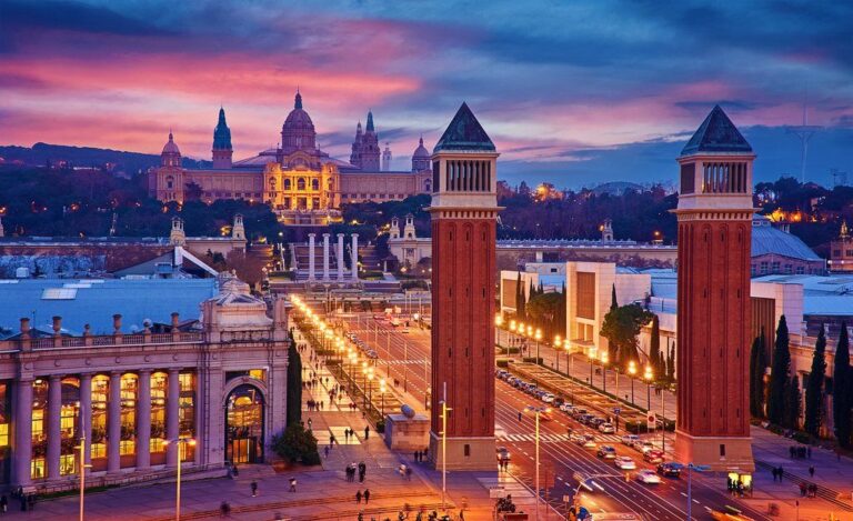 Plaça d'Espanya in Barcelona at sunset with Venetian Towers