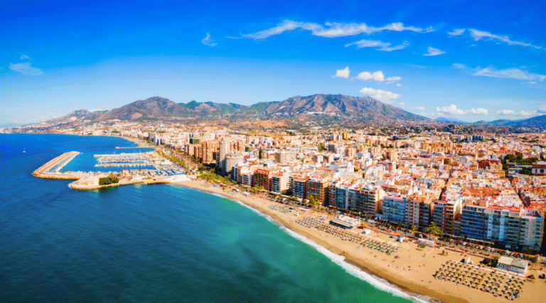 Aerial view of Costa del Sol with beach and marina.