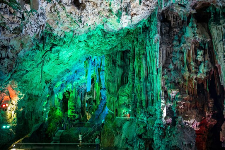 St. Michael’s Cave in Gibraltar with colorful lighting