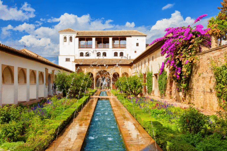 Alhambra Palace Garden with fountains and flowers
