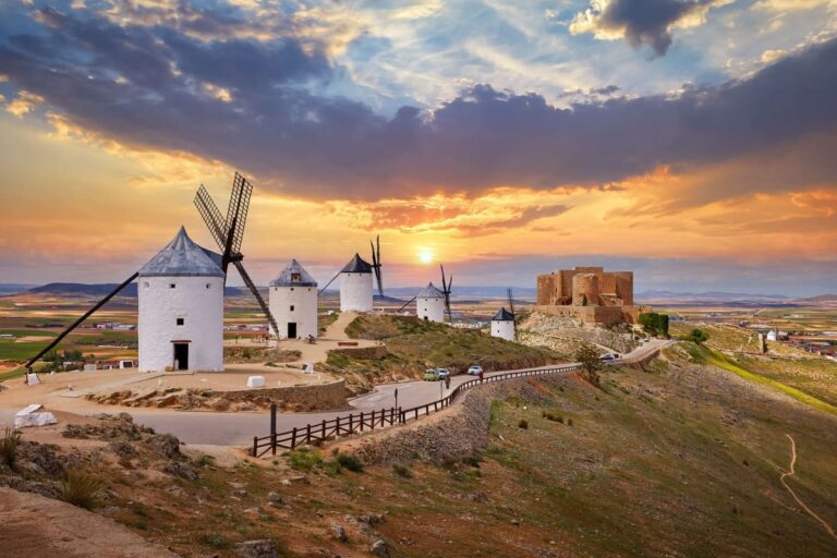 Windmills at sunset in Consuegra, Spain