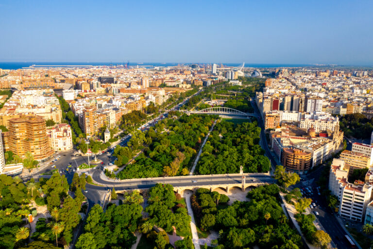 Aerial view of Turia Gardens in Valencia, Spain.