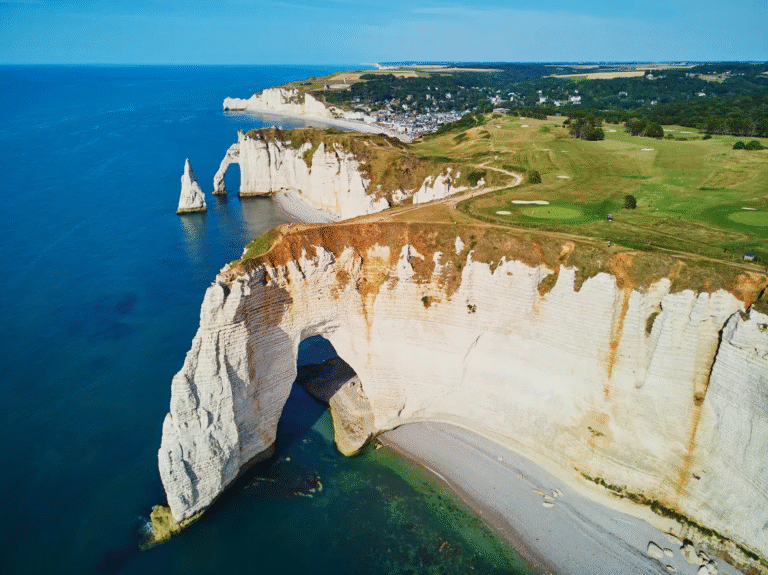 Aerial view of Étretat Cliffs in Normandy, France.