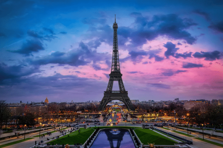 Eiffel Tower at sunset in Paris.