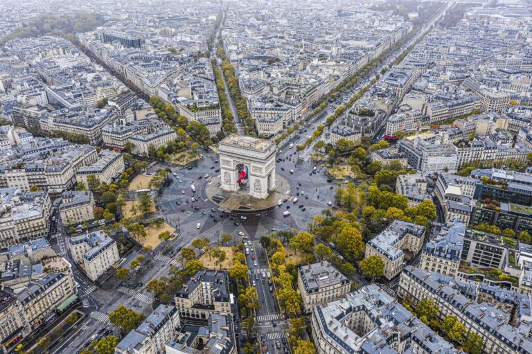 Aerial view of the Arc de Triomphe in Paris.