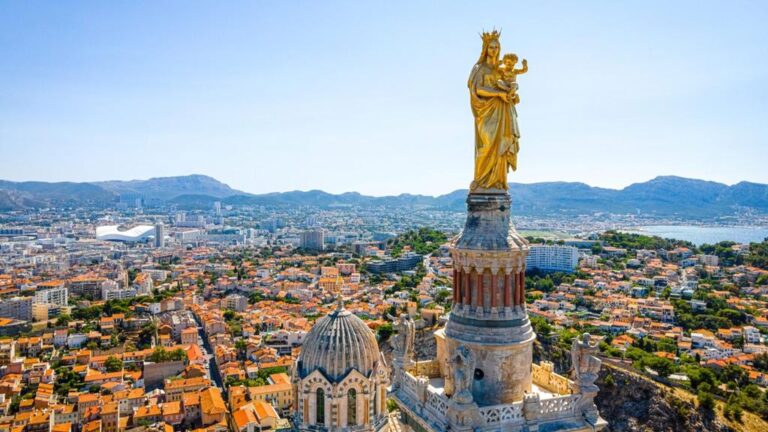 Aerial view of Notre-Dame de la Garde in Marseille.
