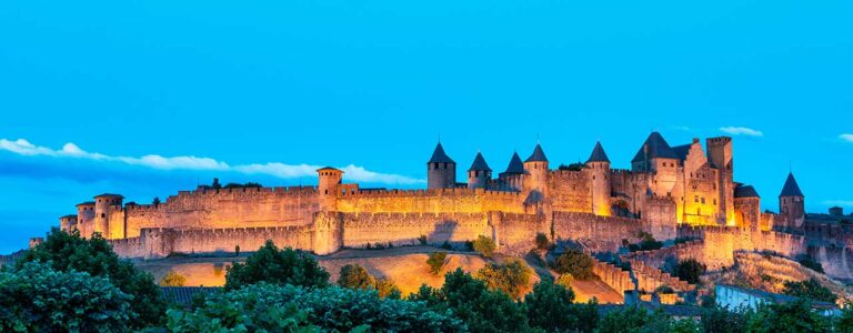 Carcassonne Castle illuminated at dusk