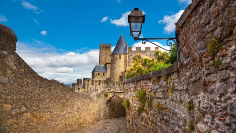 Carcassonne Castle in France with medieval stone walls.