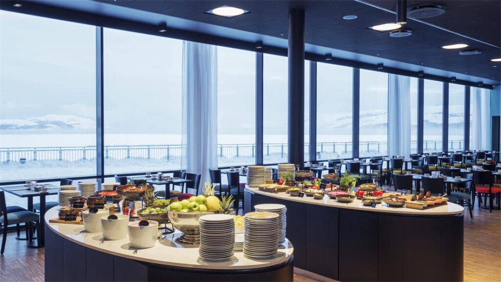 Scenic winter view from Thon Hotel Kirkenes restaurant buffet.