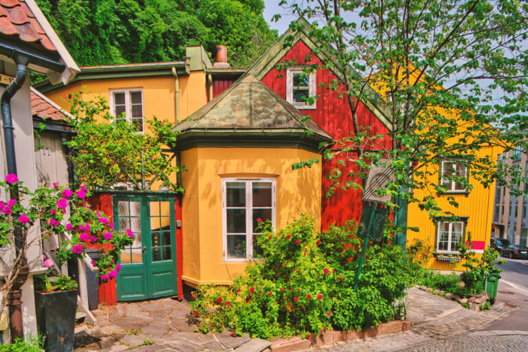 Colorful houses in Oslo with lush greenery.