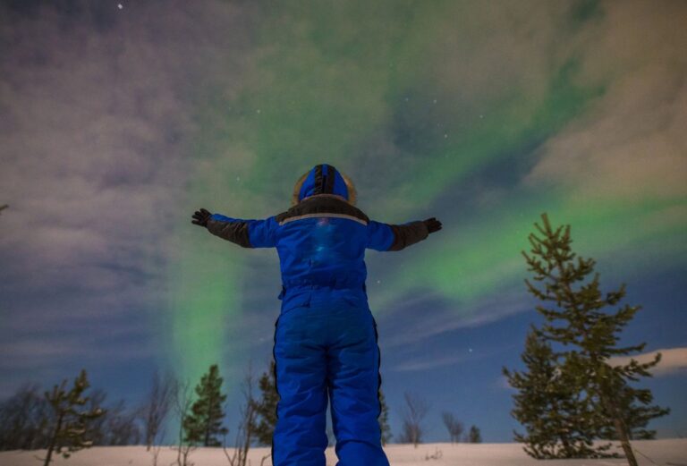 Person in blue snowsuit under northern lights.