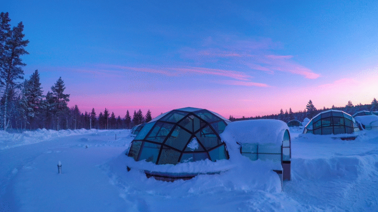 Glass igloo at sunset in snowy forest.