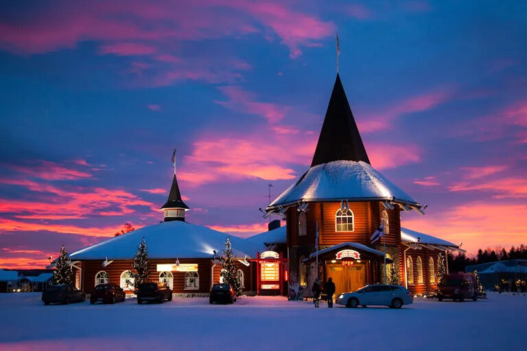 Santa Claus Village at sunset in winter.