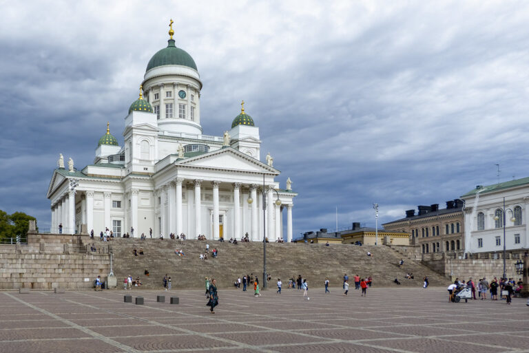 Helsinki Cathedral with tourists at Senate Square