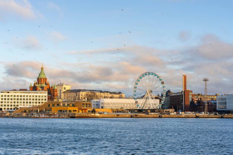 Helsinki harbor with Uspenski Cathedral and Ferris wheel.