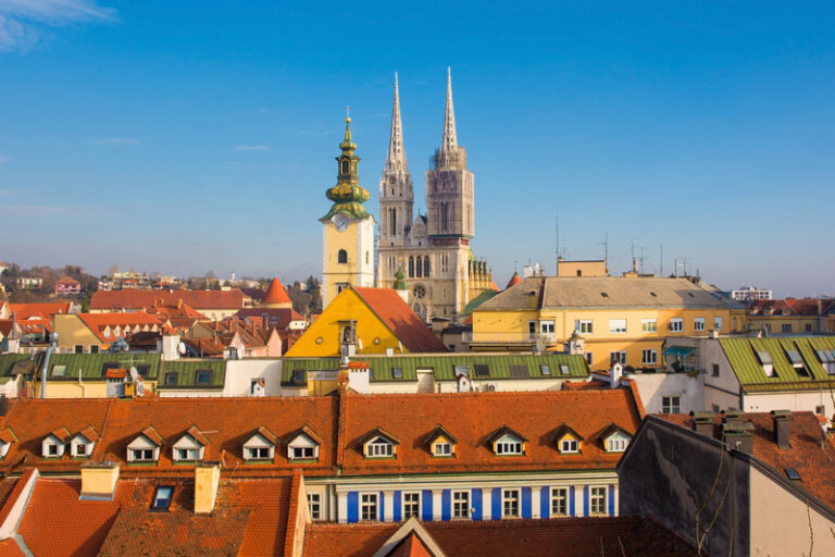 Rooftop view of Zagreb Cathedral and cityscape