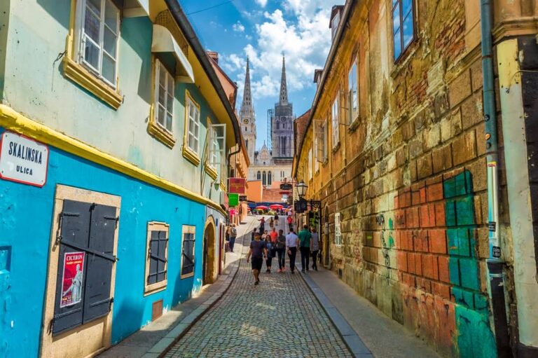 Colorful Skalinska Street leading to Zagreb Cathedral.