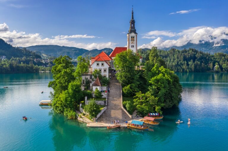 Scenic view of Lake Bled with church on island