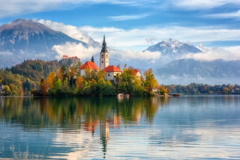 Lake Bled with church and mountains