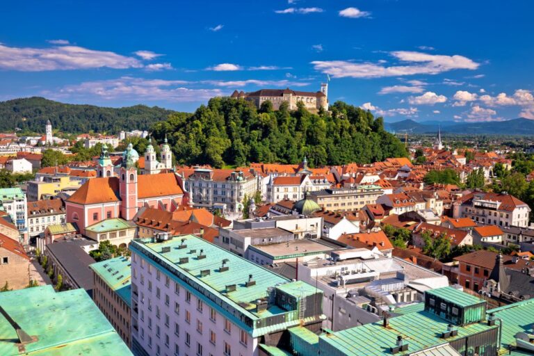 Aerial view of Ljubljana Castle and cityscape.